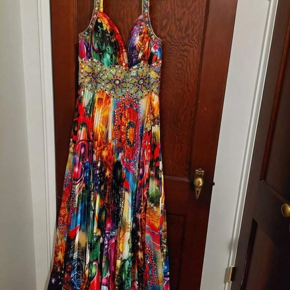 Sherri Hill formal gown colorful pride Mardi Gras Cinco quinceanera prom dress